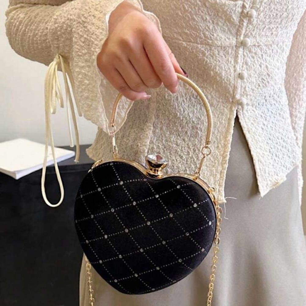 Black velvet heart shaped purse crossbody handbag